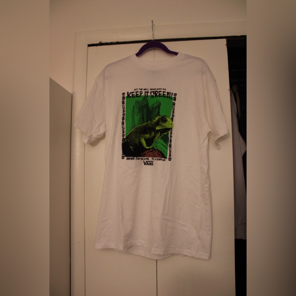Vans White Tee with Green Reptile Design
